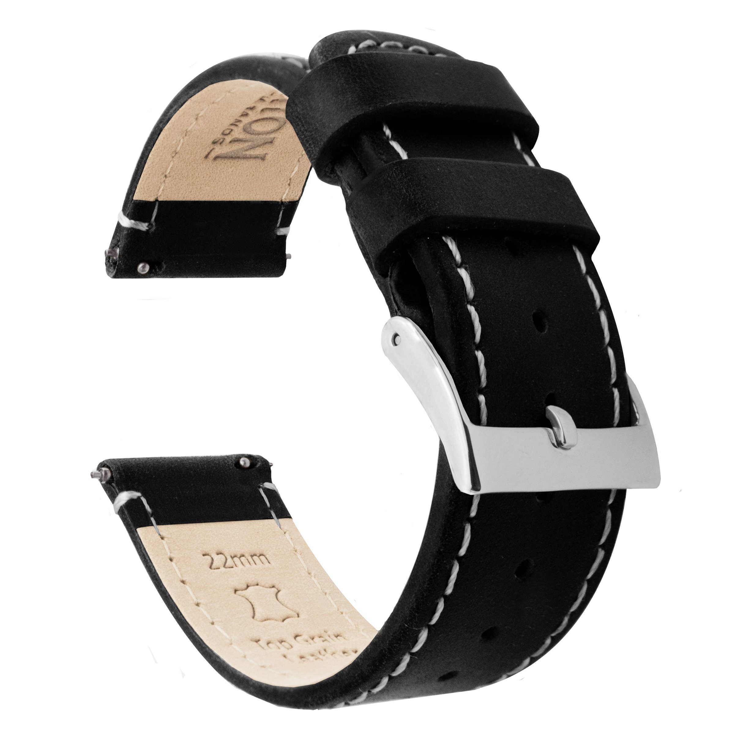 Black Leather Snap Cuff Watch Strap with White Accent small adapters Black Leather Watch Band | Quick Release Watch Strap  main image 3